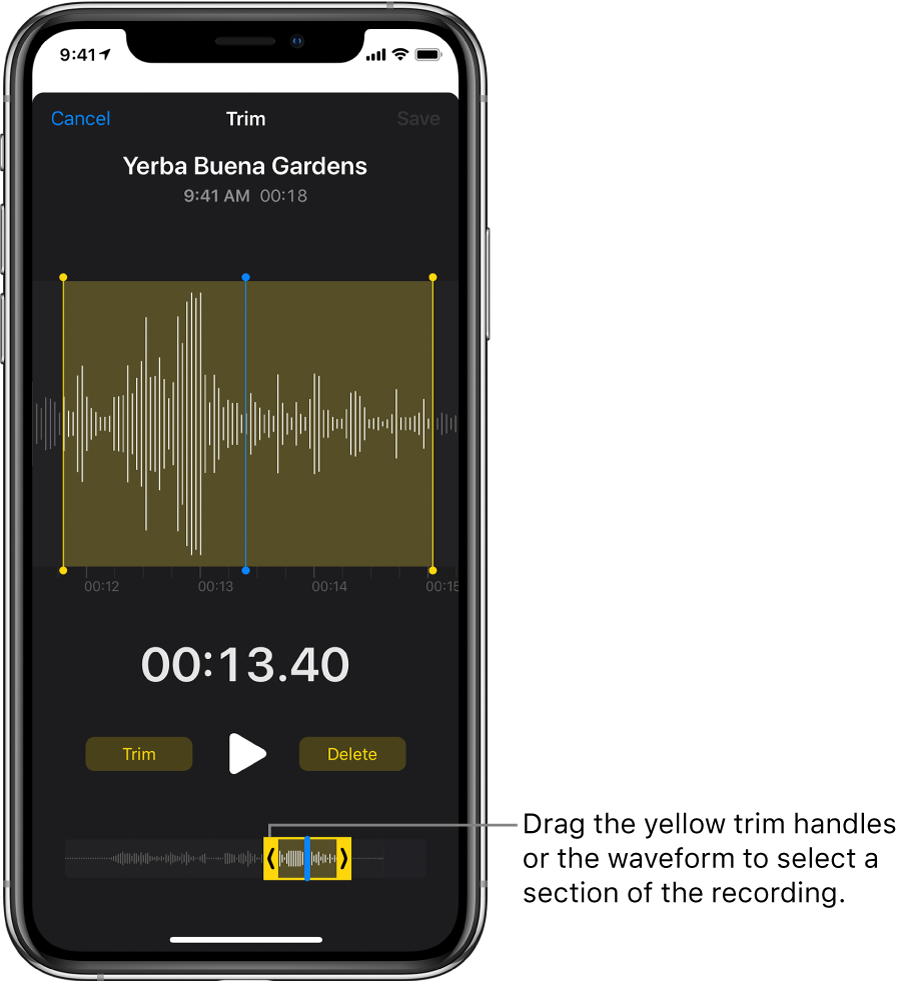 The recording being trimmed, with the trim handles enclosing a portion of the audio waveform at the bottom of the screen. A Play button and a recording timer appear above the waveform. The trim handles are below the Play button.