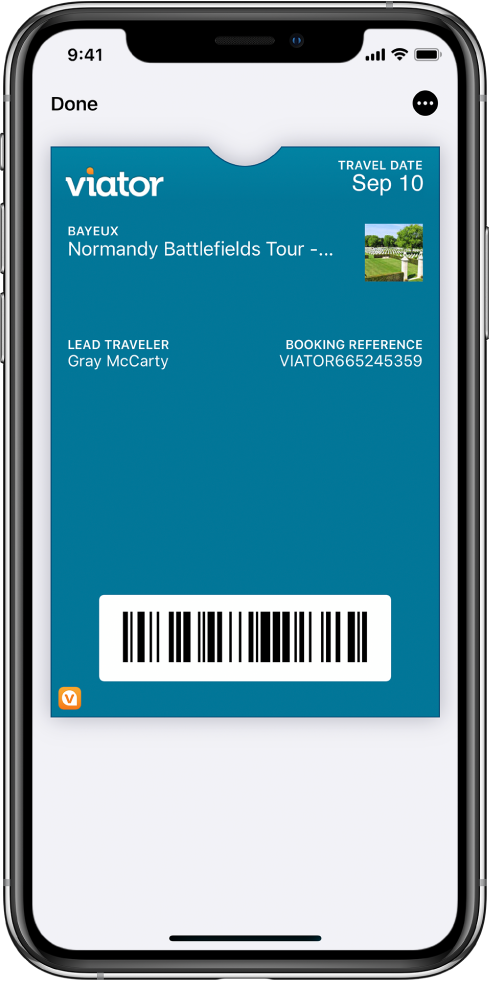 A boarding pass in Wallet showing flight information and the QR code at the bottom.