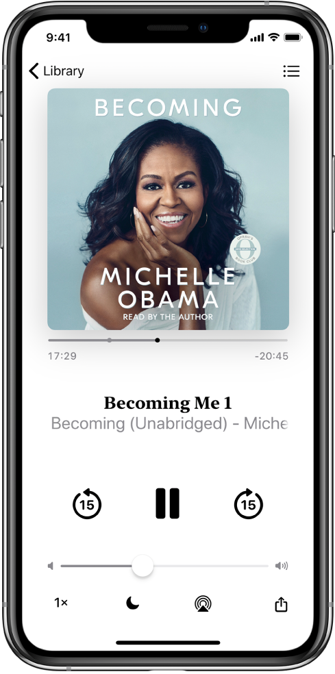 The audiobook player screen showing the audiobook cover at the top. Below the cover are the playhead, track number, author and audiobook name, and the play, pause, and the skip back and skip forward controls. At the bottom of the screen, from left to right, are the Playback Speed button, Sleep Timer button, Playback Destination button, and Share button. The Track List button is at the top right and the Close button is at the top left.