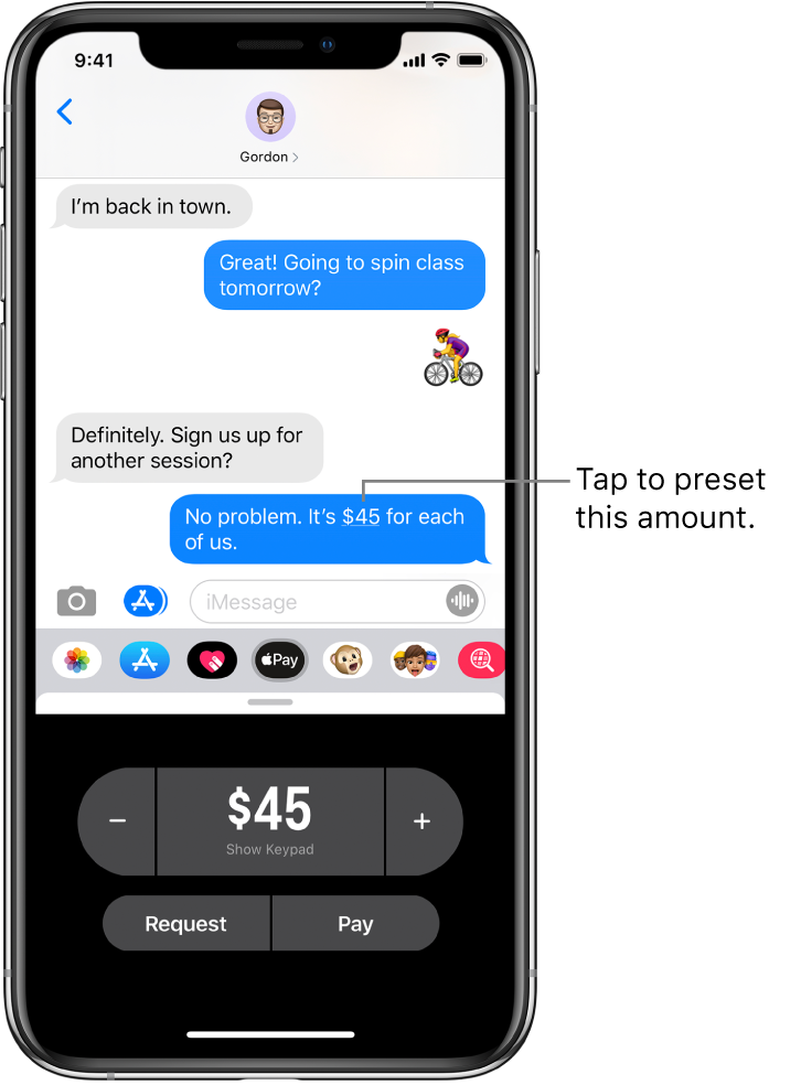 An iMessage conversation with the Apple Pay app open at the bottom.