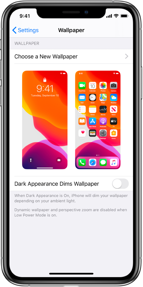 The wallpaper settings screen, with the button for choosing a new wallpaper at the top and images of the Lock screen and Home screen with the current wallpaper.