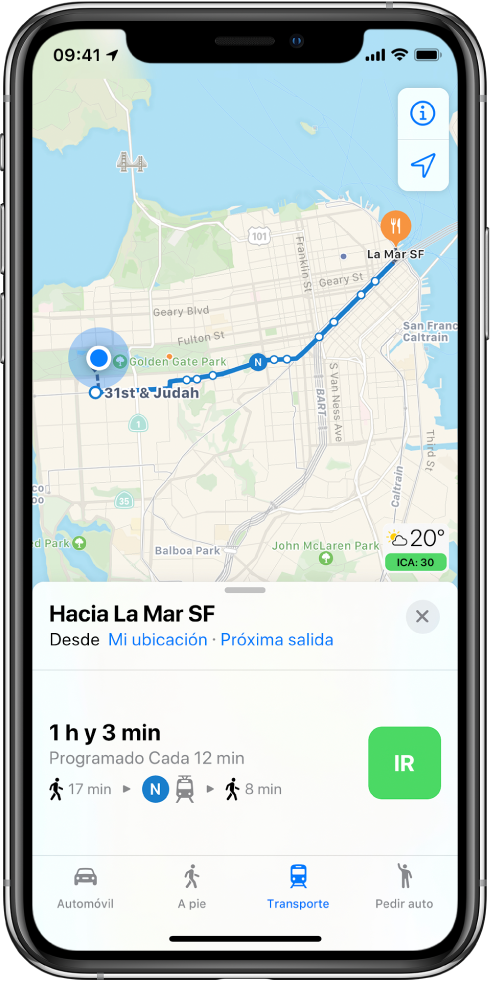 Un mapa mostrando una ruta de transporte público que cruza San Francisco. La tarjeta de la ruta en la parte inferior de la pantalla incluye el botón Ir.