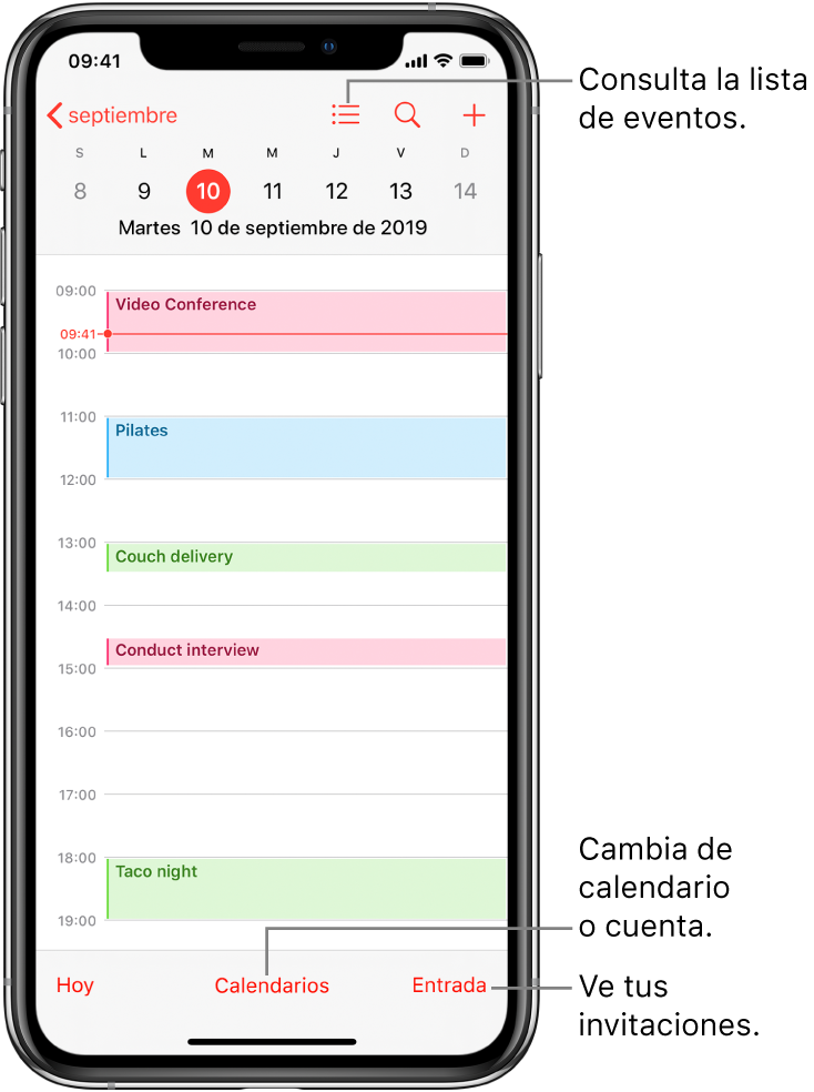 Un calendario en la vista por día mostrando los eventos del día. Toca el botón de calendarios ubicado en la parte inferior de la pantalla para cambiar de cuenta de calendario. Toca el botón Entrada ubicado en la parte inferior derecha para ver las invitaciones.