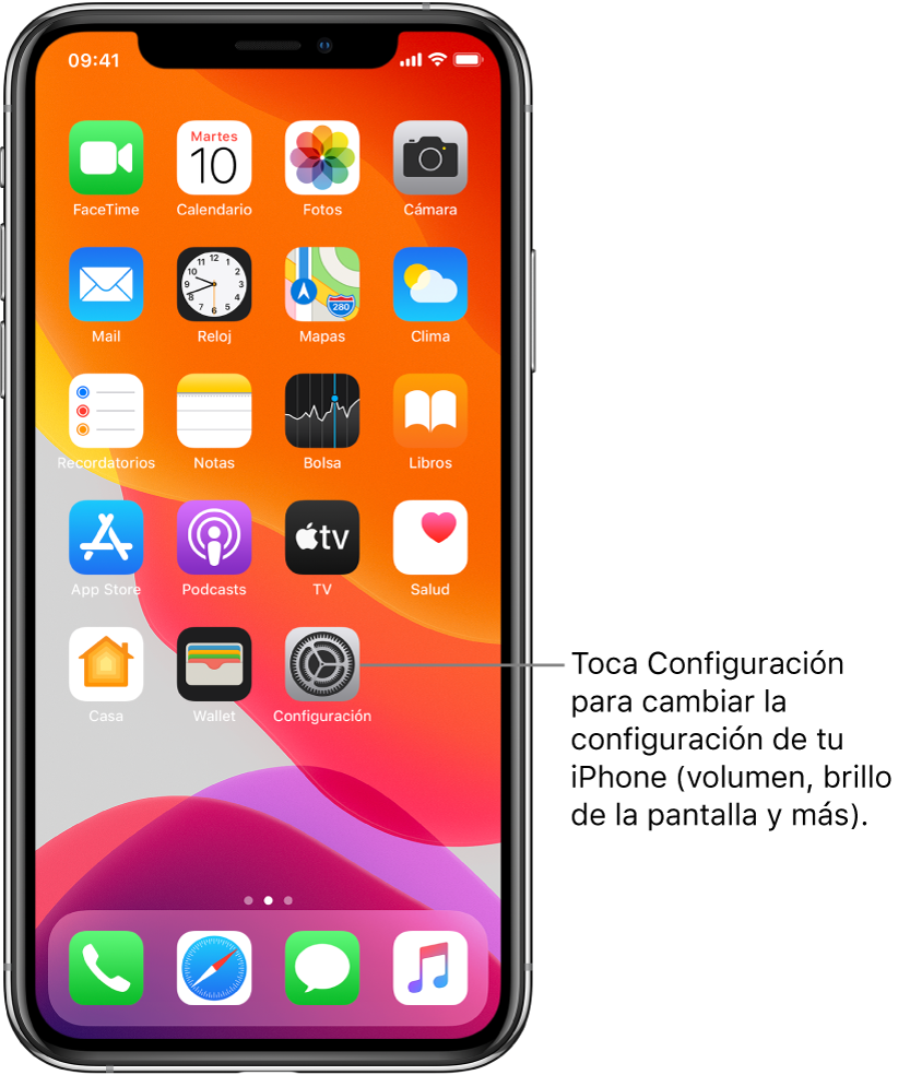 Pantalla de inicio con varios íconos, incluyendo el ícono de Configuración, que puedes tocar para modificar el nivel del volumen del iPhone, el brillo de la pantalla y más.