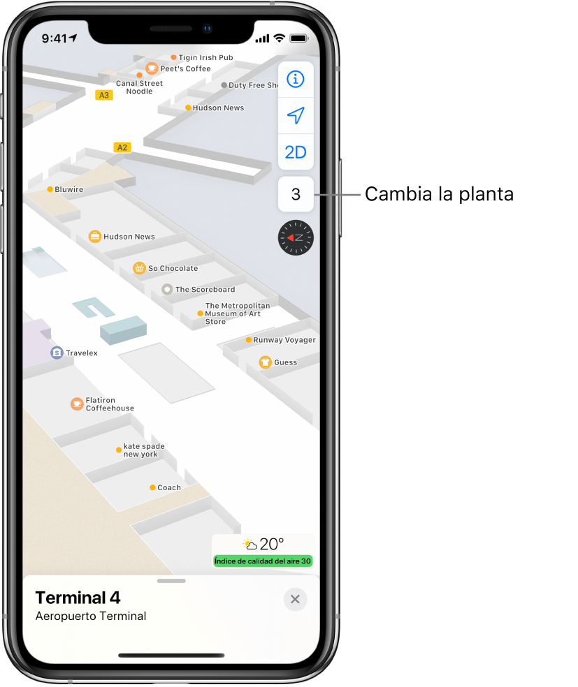 Un mapa del interior de la terminal de un aeropuerto. El mapa muestra los comercios y las puertas de embarque.