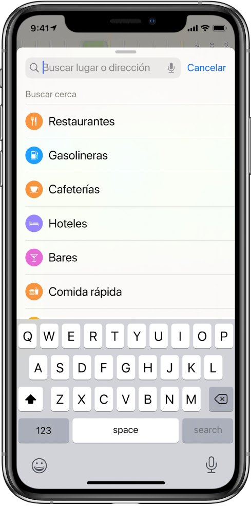 Bajo el campo de búsqueda, se muestra una lista con seis servicios. Los servicios son Restaurantes, Gasolineras, Café, Hoteles, Bares y Comida rápida.