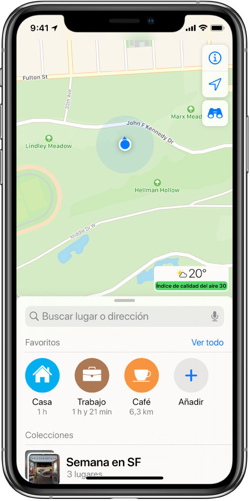 Mapa con la ubicación actual dentro del parque de una ciudad.