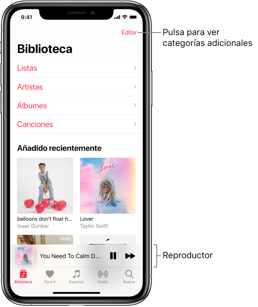 Pantalla Biblioteca con una lista de categorías, entre las que se incluyen Listas, Artistas, Álbumes y Canciones. Bajo la lista, se muestra la cabecera “Añadido recientemente”. Reproductor con el título de la canción que está sonando y los botones Pausa y Siguiente cerca de la parte inferior de la pantalla.