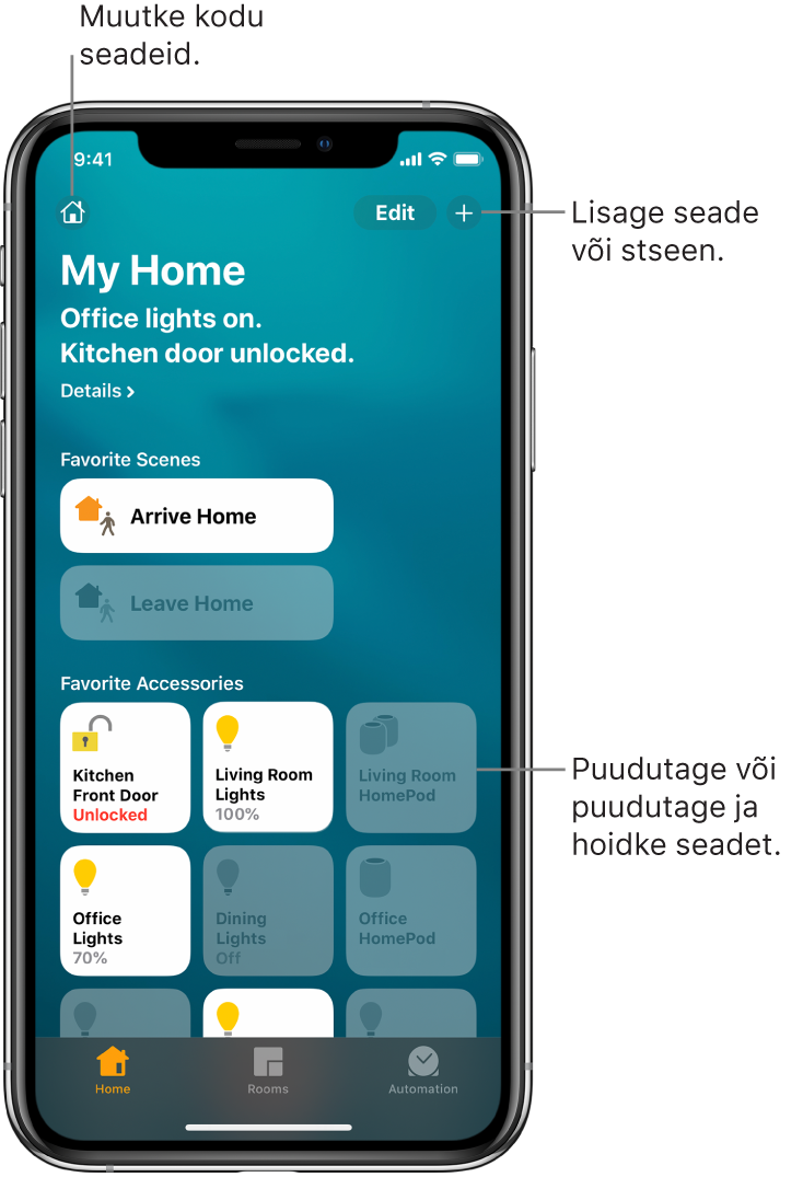 Kodu vahekaart, kus kuvatakse lemmikuks märgitud stseene ja tarvikuid. Samuti kuvatakse kodu seisukorra kokkuvõtet. Teised all asuvad vahekaardid on Rooms ja Automation.