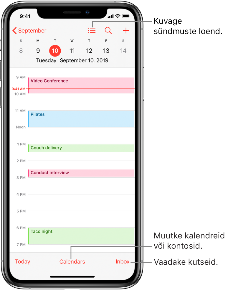 Kalendri päevavaade, kus on toodud päeva sündmused. Kalendrikontode vahetamiseks puudutage ekraani allservas olevat nuppu Calendars. Kutsete kuvatamiseks puudutage all paremal olevat nuppu Inbox.