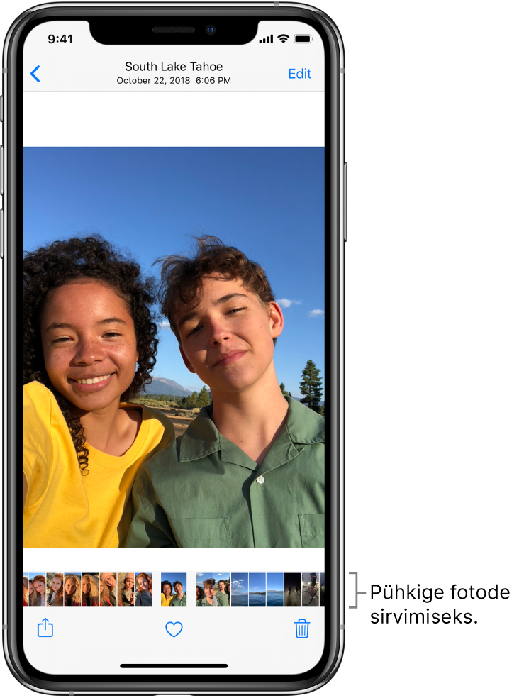 Foto koos teiste fotode pisipiltidega ekraani allservas. Üleval vasakul asub tagasi-nupp, mis viib teid tagasi sirvitavasse vaatesse. Alaosas asuvad nupud Share, Like ja Delete. Paremal üleval asub nupp Edit.