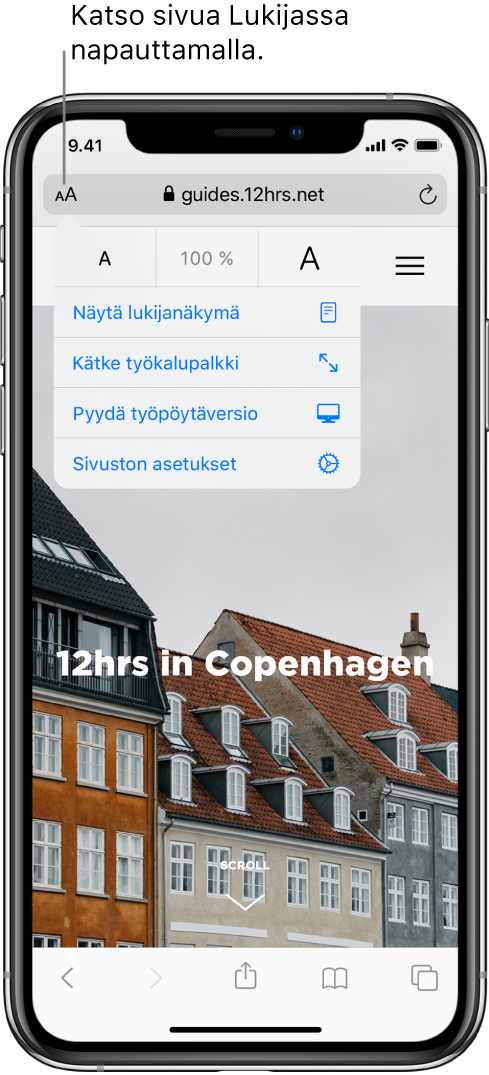 Osoitekenttä Safarissa, Lukija-painike vasemmalla.