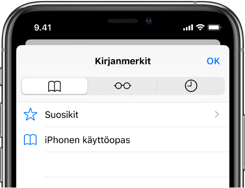 Kirjanmerkit-näyttö, jossa vaihtoehdot suosikkien ja selaushistorian näyttämiselle kirjanmerkkien ohessa.