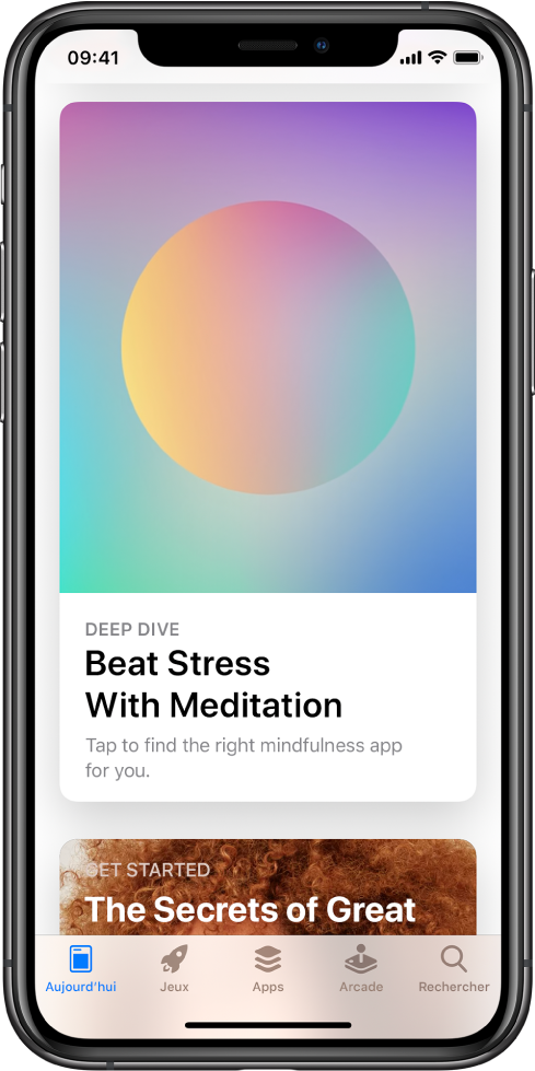 L’écran de l’App Store avec l’onglet Aujourd’hui sélectionné en bas de l’écran. Au milieu de l’écran se trouve un article intitulé « Deep Dive, Beat Stress with Meditation ».