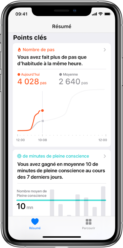 L’écran Résumé dans l’app Santé présentant les points clés pour le nombre de pas effectués dans la journée. Le point clé a pour message : « Vous avez fait plus de pas que d’habitude à la même heure ». Sous le point-clé se trouve un graphique indiquant 4 028 pas pour la journée, avec pour comparaison 2 640 la veille à la même heure. Sous le graphique se trouvent des informations relatives aux minutes de pleine conscience effectuées. Le bouton Résumé se trouve en bas à gauche et le bouton Parcourir est en bas à droite.