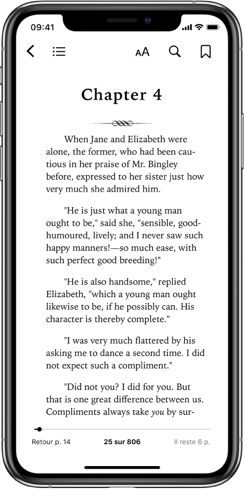 La page d’un livre ouvert dans l’app Livres, avec différents boutons de gauche à droite en haut de l’écran pour fermer le livre, consulter la table des matières, modifier le texte, effectuer une recherche et ajouter des signets. Un curseur apparaît en bas de l’écran.