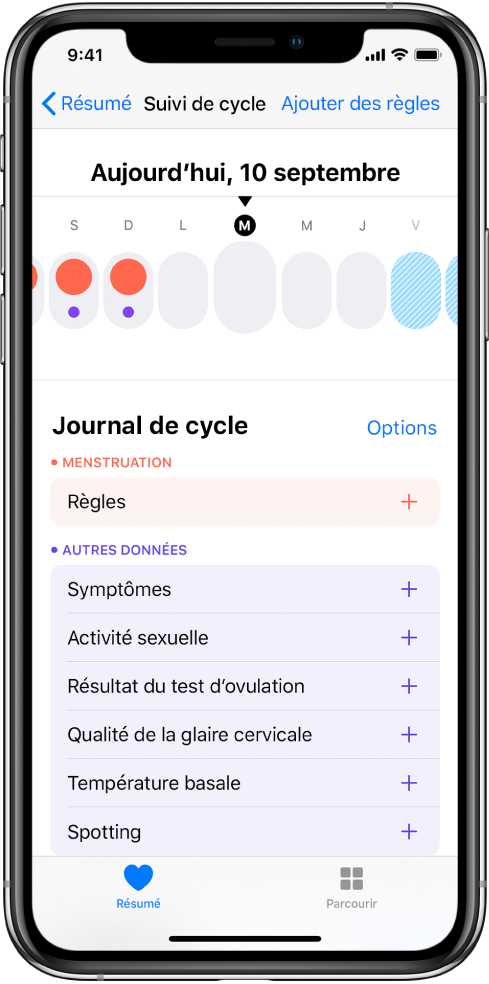Écran Suivi de cycle affichant la chronologie pour une semaine en haut de l’écran. Des cercles rouge uni marquent les trois premiers jours et les deux derniers jours sont bleu clair. Sous la chronologie se trouvent des options pour ajouter des informations sur les règles, des symptômes et plus encore.