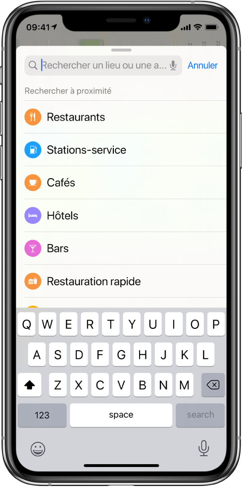 Une liste présentant six services s’affiche en dessous du champ de recherche. Ces services sont les suivants : Restaurants, Stations-service, Cafés, Hôtels, Bars et Restauration rapide.