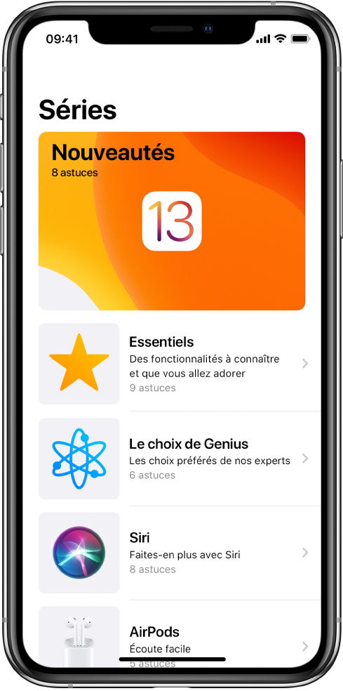 Un écran montrant des collections d’astuces avec des flèches vers la droite indiquant que vous pouvez toucher une collection pour afficher les astuces qu’elle contient.