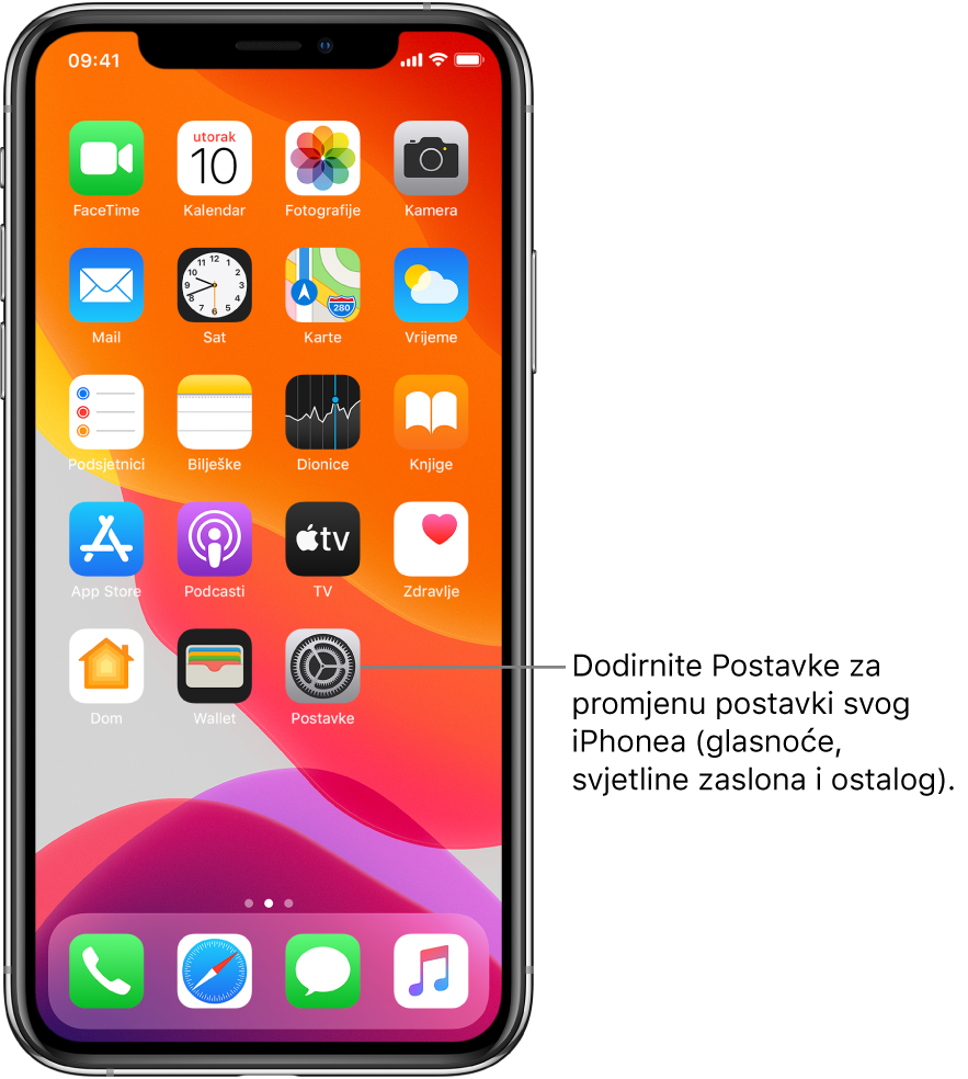 Početni zaslon s nekoliko ikona, uključujući ikonu Postavki koju možete dodirnuti za promjenu glasnoće zvuka, svjetline zaslona i ostalih postavki svog uređaja iPhone.