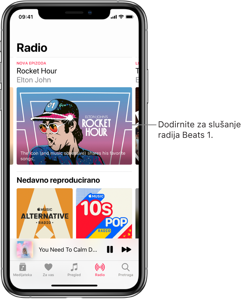 Zaslon radija s prikazom Beats 1 radija na vrhu. Nedavno reproducirani unosi pojavljuju se ispod.