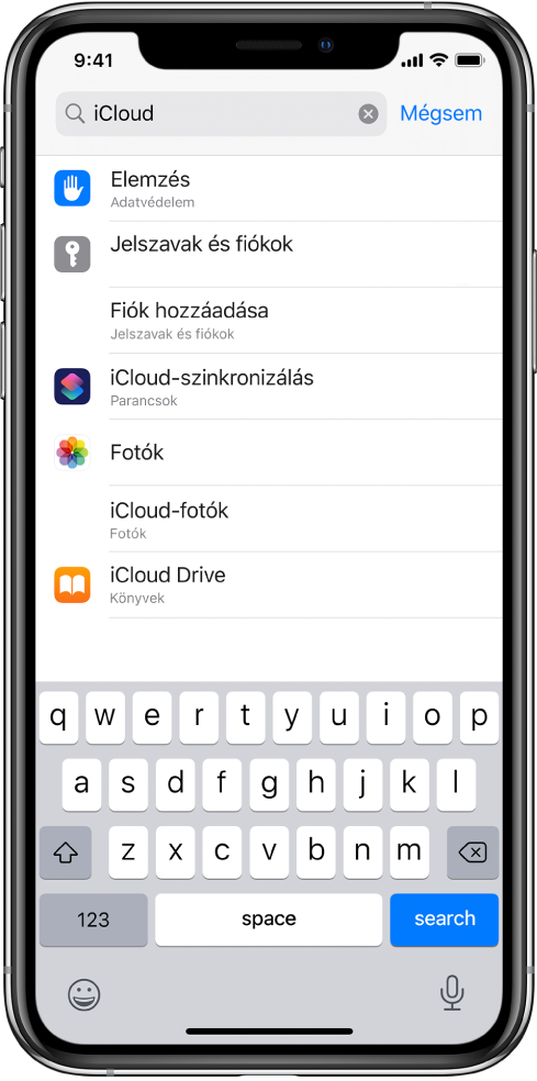 A beállítások keresésére használható képernyő, amelynek tetején a keresőmező látható. A keresőmezőben az „iCloud” kifejezés szerepel, az alatta lévő listán pedig megjelennek a keresési találatok.