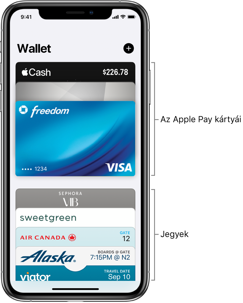 A Wallet képernyője, számos hitel- és bankkártya, valamint jegy előlapjával.