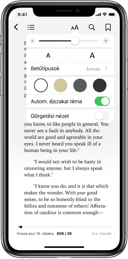 A megjelenés menü, amelyben fentről lefelé a fényerő, a betűméret, a betűtípus, az oldalszín, az automatikus éjszakai téma és a görgetési nézet beállítására szolgáló vezérlőelemek láthatók.