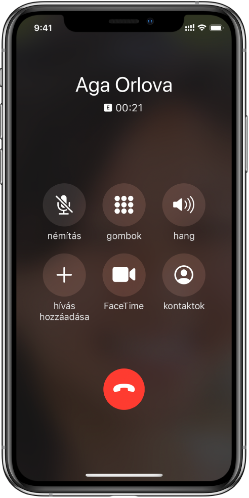 A Telefon alkalmazás képernyője, amelyen a hívás közben rendelkezésre álló opciók gombjai láthatók. A felső sorban balról jobbra a némítás, a gombok és hangszóró gombjai láthatók. Az alsó sorban balról jobbra a híváshozzáadás, a FaceTime és a kontaktok gombjai találhatók.