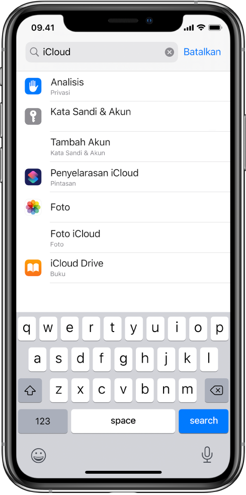 Layar pengaturan pencarian, dengan bidang pencarian di bagian atas. Istilah pencarian “iCloud” ada di bidang pencarian, dan pengaturan yang ditemukan ada di daftar di bawah.