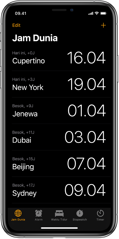 Tab Jam Dunia, menampilkan waktu di berbagai kota. Ketuk Edit di kiri atas untuk mengatur jam. Ketuk tombol Tambah di kanan atas untuk menambahkan lainnya. Tombol Alarm, Waktu Tidur, Stopwatch, dan Timer terletak di bagian bawah.