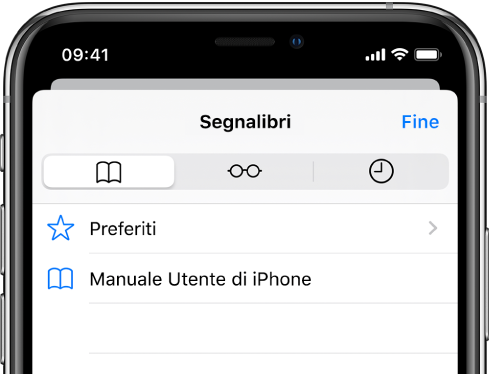 La schermata Segnalibri, con le opzioni per visualizzare i preferiti e la cronologia, oltre che i segnalibri stessi.