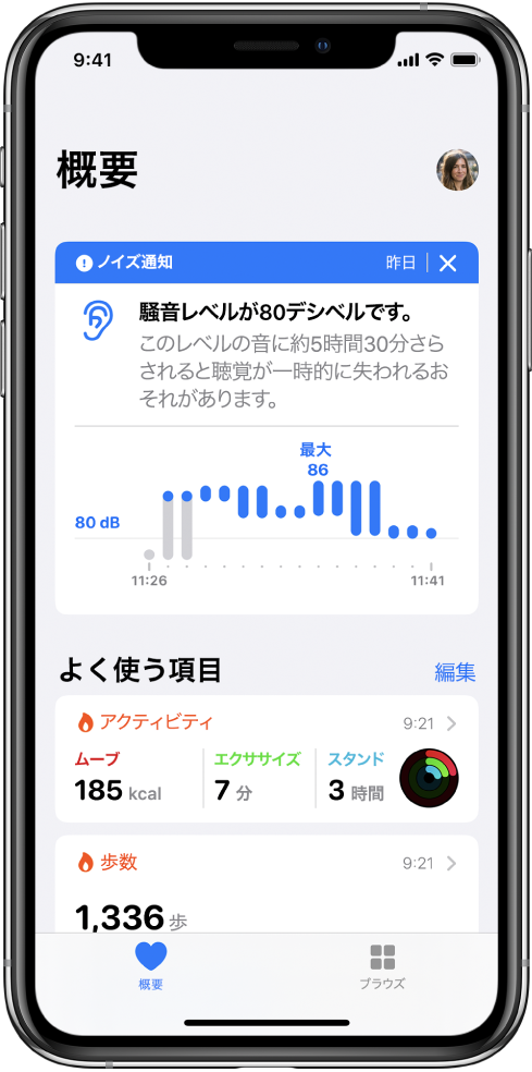 概要画面。上部にはノイズ通知があり、その下にはよく使う項目として「アクティビティ」と「歩数」という2種類の概要があります。