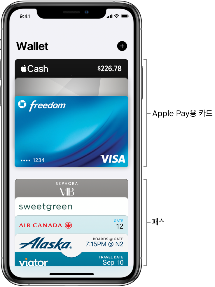 몇 개의 신용 카드 및 직불 카드와 패스를 표시하는 Wallet 화면.