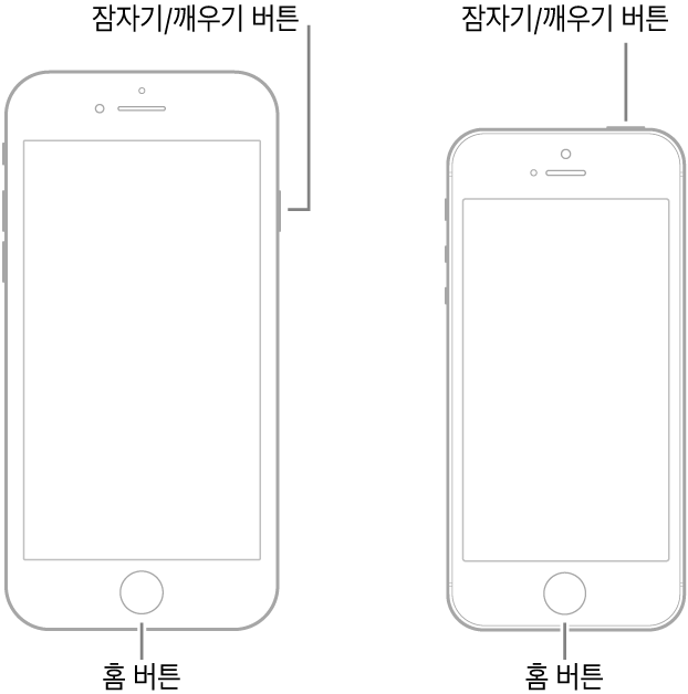 화면이 위로 향하는 두 iPhone 모델 그림. 두 모델 모두 기기 하단에 홈 버튼이 있음. 왼쪽 모델은 잠자기/깨우기 버튼이 오른쪽 측면의 상단 가장자리에 있고 오른쪽 모델은 잠자기 깨우기 버튼이 기기 상단의 오른쪽 가장자리에 있음.