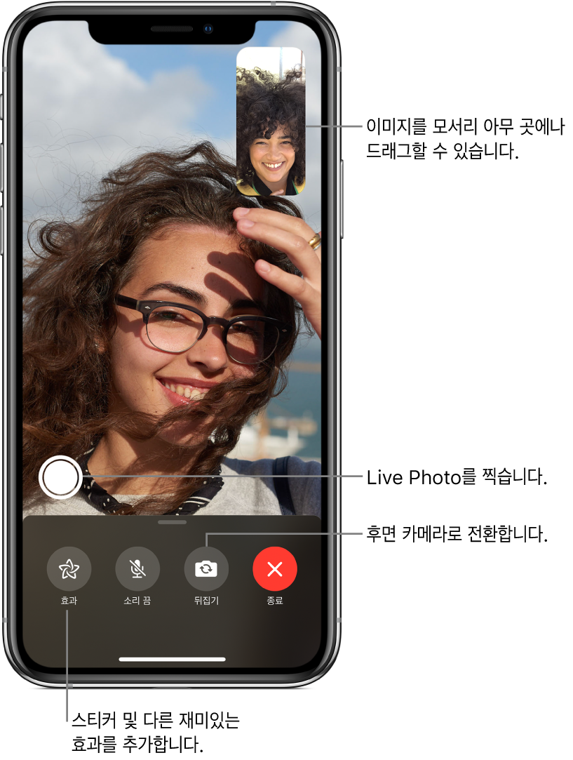 현재 진행 중인 통화를 표시하는 FaceTime 화면. 오른쪽 상단의 작은 사각형에 사용자의 이미지가 나타나며 다른 사람의 이미지가 나머지 화면을 채움. 화면 하단에는 효과, 소리 끔, 뒤집기 및 종료 버튼이 나열되어 있음. Live Photo 찍기 버튼이 그 위에 있음.