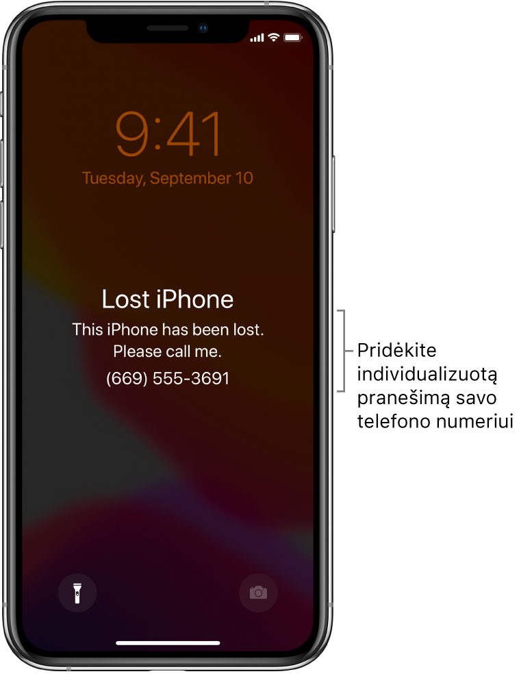 „iPhone“ užrakinimo ekranas su pranešimu: „Pamestas „iPhone“. Šis „iPhone“ pamestas. Prašau man paskambinti. (669) 555-3691.“ Galite įvesti parinktinį pranešimą su savo telefono numeriu.