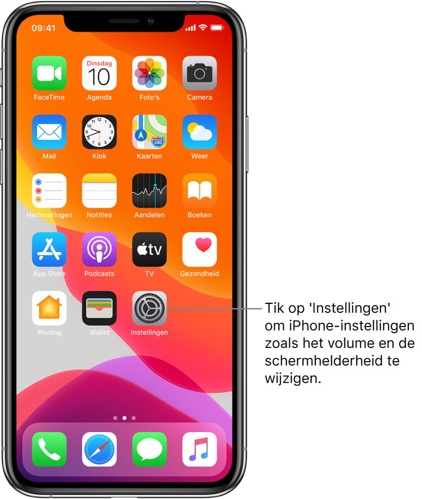 Het beginscherm met diverse symbolen, zoals het Instellingen-symbool, waarop je kunt tikken om het volume, de schermhelderheid en andere iPhone-instellingen te wijzigen.