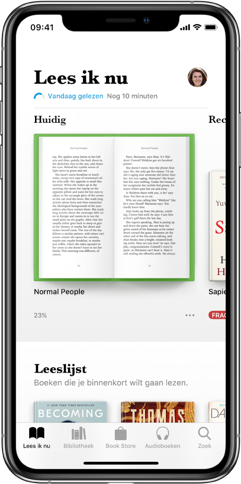 Het tabblad 'Lees ik nu' in de Boeken-app. Onder in het scherm staan van links naar rechts de tabbladen 'Lees ik nu', 'Bibliotheek', 'Book Store', 'Audioboeken' en 'Zoek'.