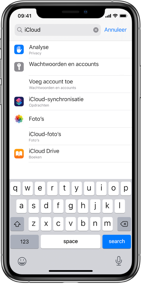 Het scherm om naar instellingen te zoeken, met het zoekveld bovenin. In het zoekveld staat de zoektekst "iCloud" en in de lijst eronder staan de gevonden instellingen.