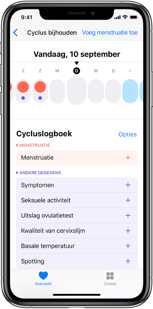 Het scherm 'Cyclus bijhouden' met de tijdbalk voor een week boven in het scherm. Effen rode cirkels markeren de eerste drie dagen en de laatste twee dagen zijn lichtblauw. Onder de tijdbalk zie je opties voor het toevoegen van gegevens over onder andere je menstruatie en symptomen.