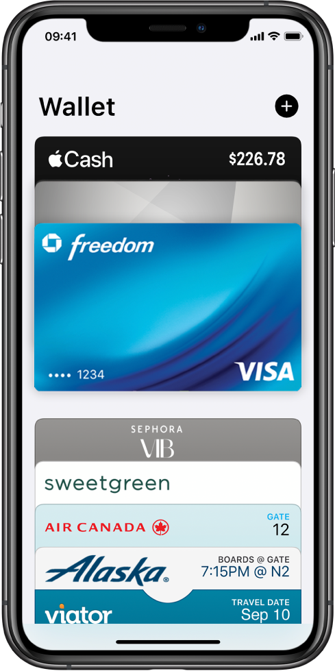 En skjerm i Wallet. Øverst på skjermen er det tre kredittkort. Nederst på skjermen er det flere kort for flyselskaper og reiser.