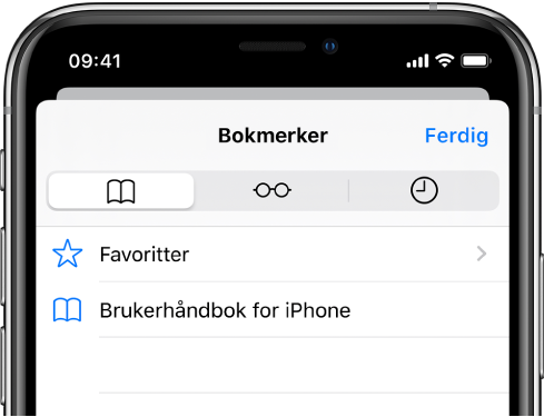 Bokmerker-skjermen med valg for å se favoritter og nettleserloggen, i tillegg til bokmerkene dine.