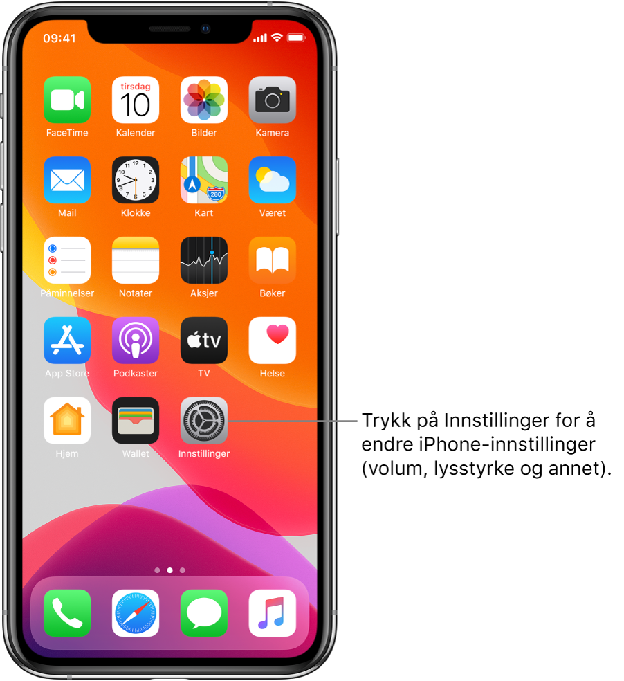 Hjem-skjermen med flere symboler, inkludert Innstillinger-symbolet, som du kan trykke på for å endre lydvolumet, lysstyrken på skjermen og annet på iPhone.