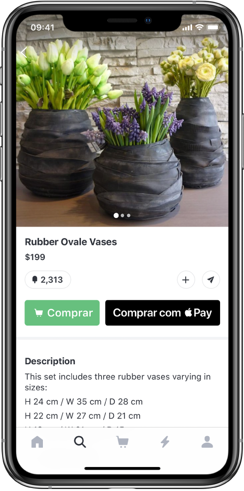 Um app mostrando uma tela de pagamento que inclui o botão “Comprar com Apple Pay”.
