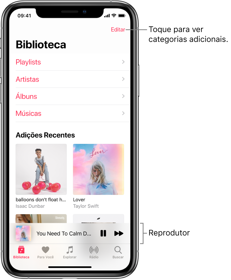 A tela Biblioteca mostrando uma lista de categorias incluindo Playlists, Artistas, Álbuns e Músicas. O cabeçalho Adições Recentes aparece abaixo da lista. Reprodutor mostrando o título da música atual e os botões Pausar e Seguinte, próximos à parte inferior.