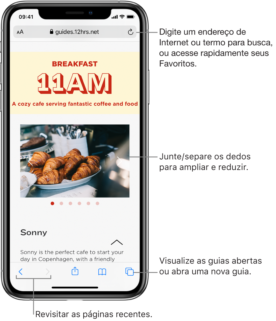 Um site aberto em uma janela do Safari, com o campo de endereço na parte superior. Na parte inferior, da esquerda para a direita, estão os botões Voltar, Avançar, Compartilhar, Favoritos e Páginas.