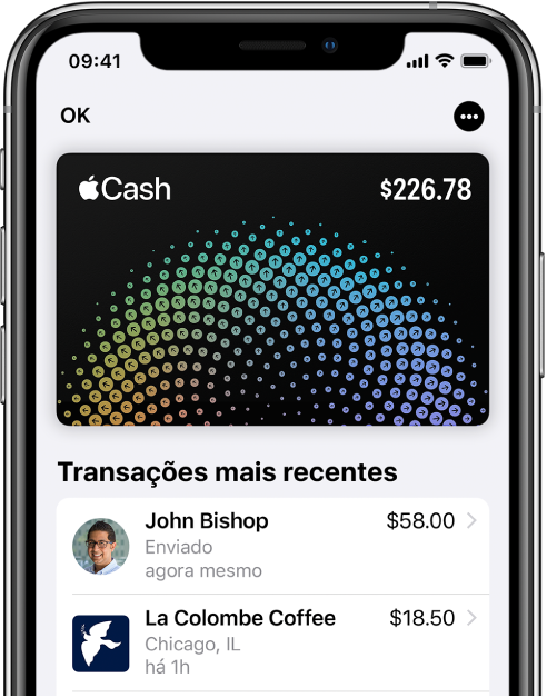 O cartão Apple Cash na Wallet, a mostrar o botão Mais no canto superior direito e as transações mais recentes por baixo do cartão.