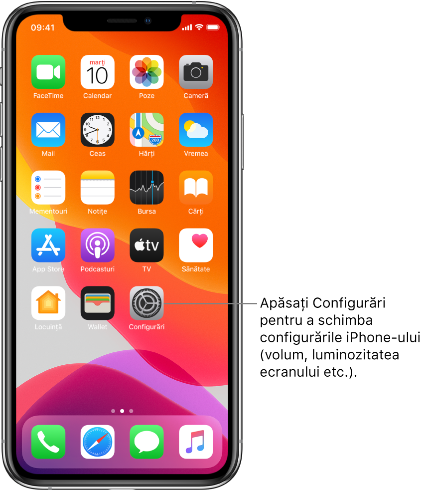 Ecranul principal cu mai multe pictograme, inclusiv pictograma Configurări, pe care o puteți apăsa pentru a modifica volumul sunetelor, luminozitatea ecranului iPhone-ului etc.