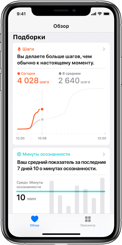 В приложении «Здоровье» на экране «Обзор» показана основная информация по шагам, пройденным за день. Отображается надпись: «Вы прошли больше шагов, чем обычно проходили раньше». На графике, расположенном под надписью, показано что сегодня было пройдено 4028 шагов по сравнению со вчерашним результатом в то же время — 2640 шагов. Под графиком содержится информация о количестве «минут осознанности». В левом нижнем углу находится кнопка «Обзор», а в правом нижнем — кнопка «Просмотр».